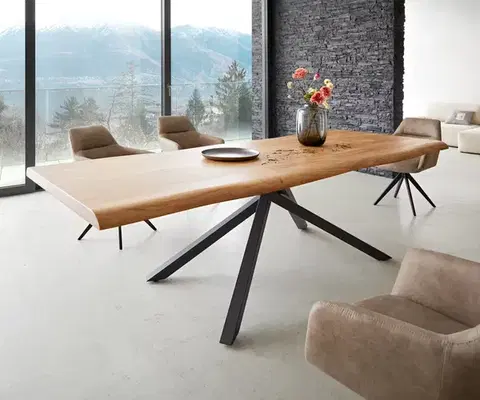 Jedálenské stoly DELIFE Jedálenský stôl Edge 260x100 XL akácia prírodná krížová podstava obdĺžnik čierna Live-Edge