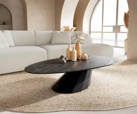 Konferenčné stolíky DELIFE Konferenčný stolík Edge oválny 140x75 cm keramika Laminam® Noir Desir hnedá Parabi kov čierna