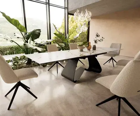 Jedálenské stoly DELIFE Jedálenský stôl Edge 200-300x100 keramika Calacatta Luxe bielo-zlato-šedá podstava v tvare W čierna rozkladací