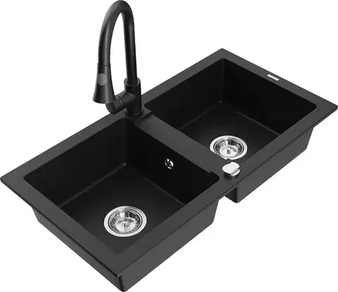 Kuchynské drezy MEXEN/S MEXEN/S - Mario granitový drez 2-bowl vrátane batérie Elia, čierna 6504-77-670101-70