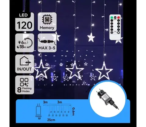 LED osvetlenie  B.V.  - LED vonkajší vianočný reťaz 120xLED/6W/230V/8 funkcií 3x0,6m IP44 studená biela + diaľkové ovládanie B10303S75