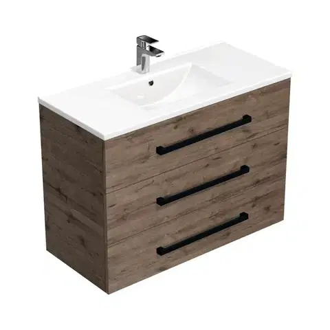Kúpeľňový nábytok Kúpeľňová skrinka s čiernou úchytkou a umývadlom SAT Cube Way 100x76,5x46 cm dub Wellington mat CUBE46C1003DWMOD CUBE46C1003DWMOD
