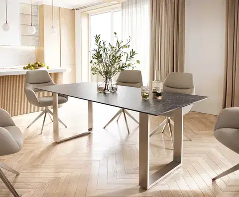 Jedálenské stoly DELIFE Jedálenský stôl Edge 200x100 keramika Laminam® Nero Greco antracitová nerezová oceľ úzky