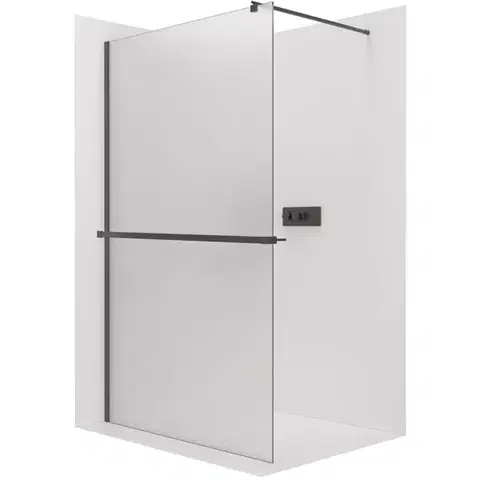 Držadlá k vani CERANO - Sprchová zástěna Walk-in Onyx Round L/P - 8 mm + polička/držák na ručníky - kulatá vzpěra - černá matná, mléčné sklo - 100x200  CER-8050BD340