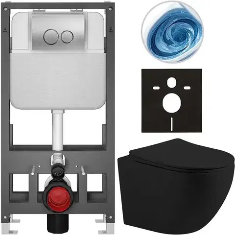 Záchody CERANO - Kompletný WC set Basic/Cesso - čierna matná - WC tlačidlo Dualo/Strieborná - voľne stojaca - predstenová inštalácia - 49x36 CER-8050BD86207