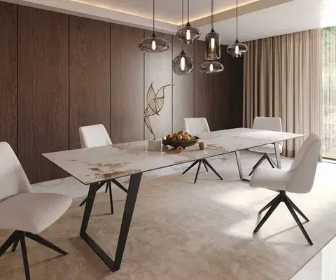 Jedálenské stoly DELIFE Jedálenský stôl Edge 300x100 keramika Minas melange bielo-béžová kov šikmý čierna