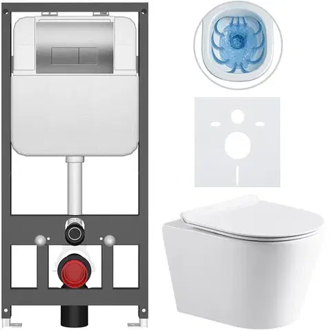 Záchody CERANO - Kompletný WC set Basic/Carlito - biela lesklá - WC tlačidlo Modulo/Strieborná - závesné - predstenová inštalácia - 48,5x36,5 CER-8050BD86058