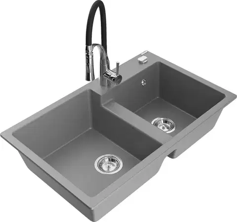 Kuchynské drezy MEXEN/S MEXEN/S - Tomas granitový drez 2-bowl vrátane batérie Aster, šedá 6516-71-73450-07