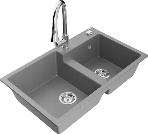 Kuchynské drezy MEXEN/S MEXEN/S - Tomas granitový drez 2-bowl vrátane batérie Elia, šedá 6516-71-670101-00