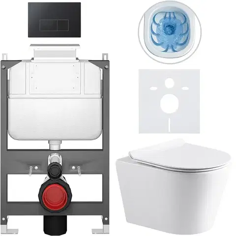 Záchody CERANO - Kompletný WC set Basic/Carlito - biela lesklá - WC tlačidlo Modulo/Čierna - ovládanie zhora - predstenová inštalácia - 48,5x36,5 CER-8050BD86050