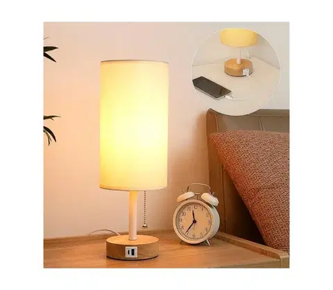 Lampy Brilagi - Stolová lampa s USB portom TABLON 1xE27/25W/230V dub/biela/krémová BRI600