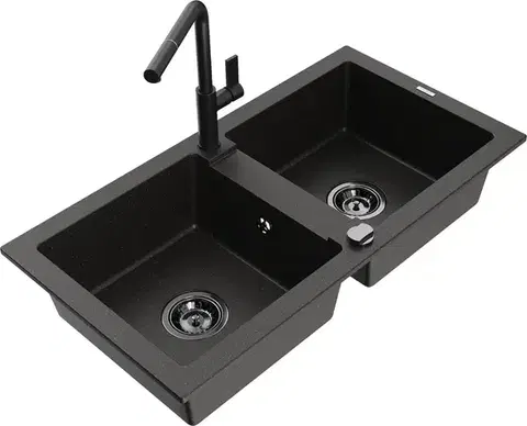 Kuchynské drezy MEXEN/S MEXEN/S - Mario granitový drez 2-bowl vrátane batérie Flora, čierna/zlatá metalik 6504-75-670401-70-B