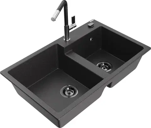 Kuchynské drezy MEXEN/S MEXEN/S - Tomas granitový drez 2-bowl vrátane batérie Flora, čierna kropenatá 6516-76-670401-07-B