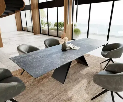 Jedálenské stoly DELIFE Jedálenský stôl Edge 200-300x100 keramika Laminam®Nero Greco antracitová podstava v tvare V plochá oceľ čierna rozkladací