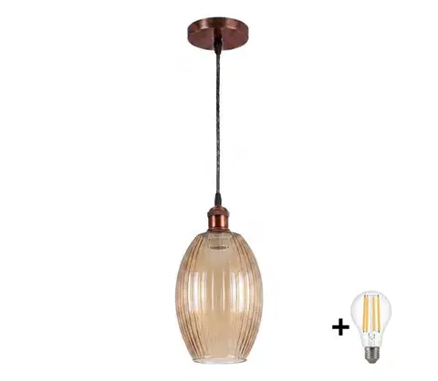 Svietidlá BRILAGI-LED Luster na lanku R GLASS 1xE27/60W/230V pr. 17 cm medená/dymovo-béžová NSTK7499+AI0179