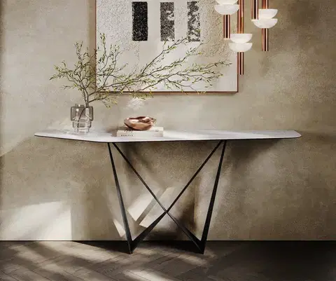 Konzolové stolíky DELIFE Konzolový stolík Edge polygonálny 180×50 cm keramika Laminam® Statuarietto biela Spios kov čierna