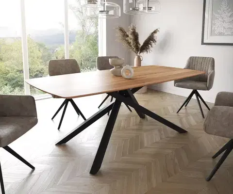 Jedálenské stoly DELIFE Jedálenský stôl Edge zaoblený tvar 200x100 akácia prírodná krížová podstava obdĺžnik čierna švajčiarska hrana