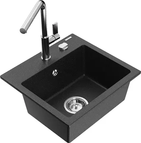 Kuchynské drezy MEXEN/S MEXEN/S - Milo granitový drez 1-miska vrátane batérie Flora, čierna/strieborná metalík 6505-73-670401-00