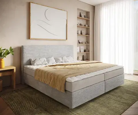 Postele Boxspring DELIFE Boxspring posteľ Dream-Well manšester strieborno-šedá 200x200 cm bonellový matrac topper