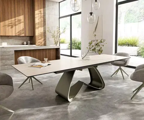 Jedálenské stoly DELIFE Jedálenský stôl Edge 200-300x100 cm keramika Laminam® Travertino Bianco bielo-krémová podstava v tvare W titánová farba rozkladací