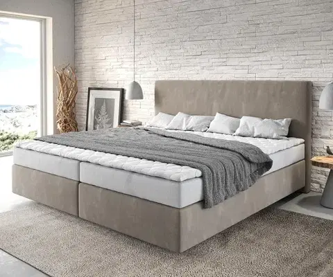 Postele Boxspring DELIFE Boxspring posteľ Dream-Well mikrovlákno béžová 200x200 cm bonellový matrac topper