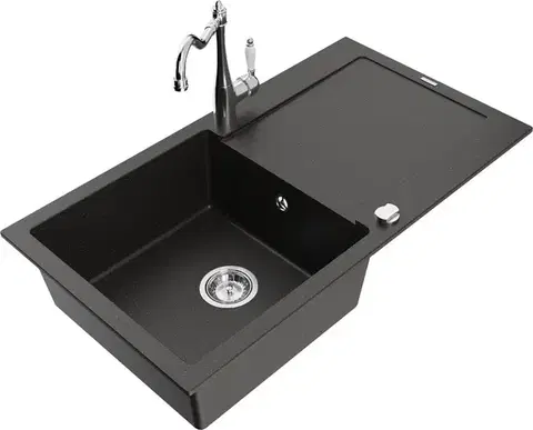 Kuchynské drezy MEXEN/S MEXEN/S - Leogranitový drez 1 s odkvapkávačom vrátane batérie Carla, čierna/strieborná metalík 6501-73-670700-70
