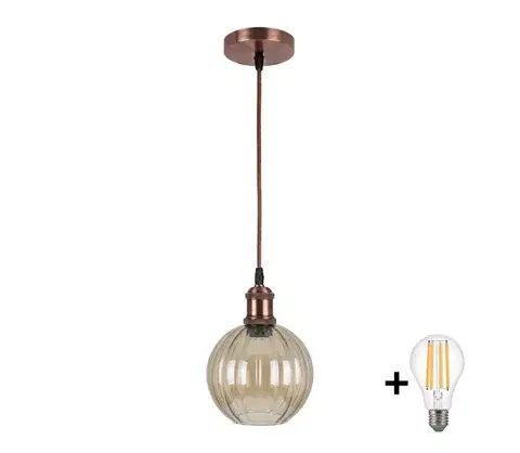 Svietidlá BRILAGI-LED Závesný luster na lanku R GLASS 1xE27/60W/230V priemer 18 cm medená/dymovo-hnedá NSTK7482+AI0179