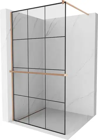 Sprchové dvere MEXEN/S - Kioto+ Sprchová zástena WALK-IN s poličkou a držiakom uterákov 100 x 200, čierny vzor, meď kartáčovaná 800-100-121-65-77
