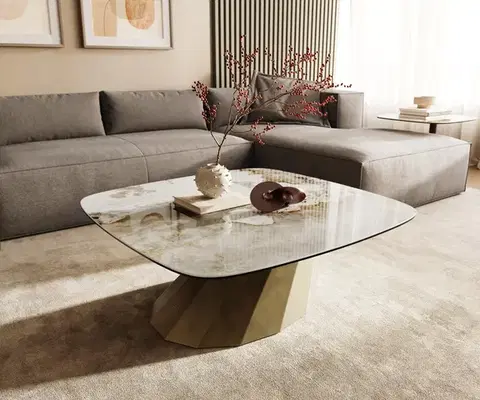 Konferenčné stolíky DELIFE Konferenčný stolík Edge zaoblený 90x90 cm keramika Minas Melange Parabi metalická zlatá