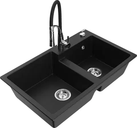 Kuchynské drezy MEXEN/S MEXEN/S - Tomas granitový drez 2-bowl vrátane batérie Aster, čierna 6516-77-73450-07