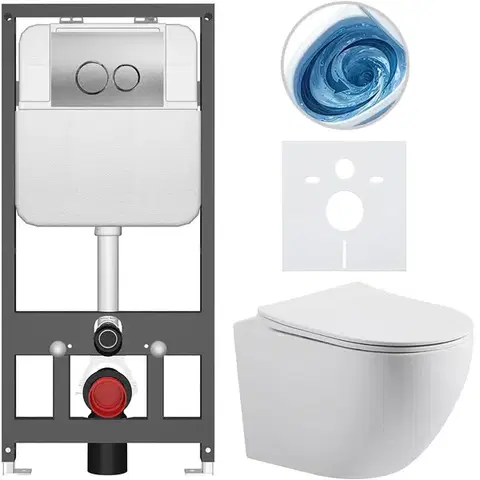Záchody CERANO - Kompletný WC set Basic/Cesso - biela matná - WC tlačidlo Dualo/Strieborná - závesné - predstenová inštalácia - 49x36 CER-8050BD86163