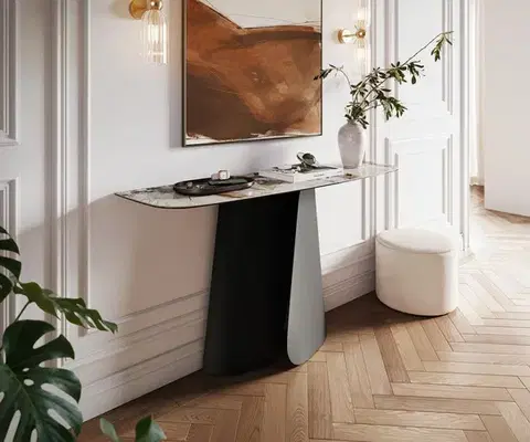Konzolové stolíky DELIFE Konzolový stolík Edge zaoblený 140×40 cm keramika Patagonia leštený Livos kov čierna