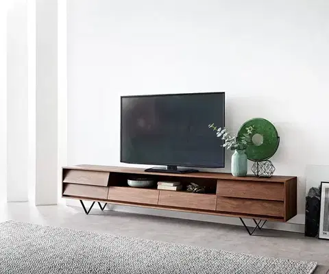 Televízne stolíky DELIFE TV stolík Eloi 240x35 cm akácia hnedá 2 dvierka 2 zásuvky podstava v tvare V čierna
