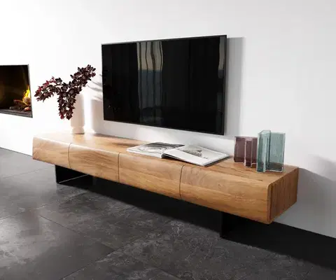 Televízne stolíky DELIFE TV stolík New Live-Edge 200 cm akácia prírodná 4 dvierka závesná kov čierna