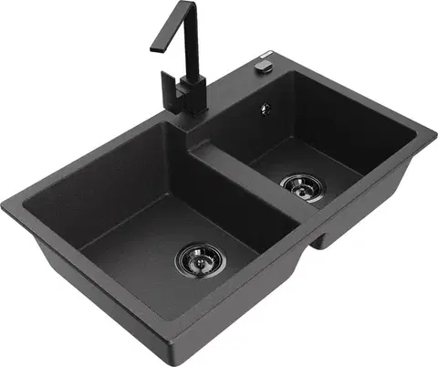 Kuchynské drezy MEXEN/S MEXEN/S - Tomas granitový drez 2-bowl vrátane batérie Rita, čierna kropenatá 6516-76-670300-70-B