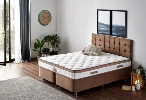 Boxspring Double Mattress, Base & Headboard Latte - Light Brown (160 x 200)
