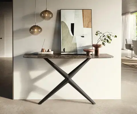 Konzolové stolíky DELIFE Konzolový stolík Edge zaoblený 140×40 cm keramika Emperador Extra Lucidato tmavohnedá Estelo kov čierna