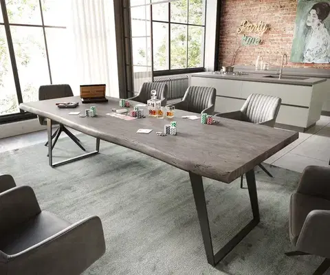 Jedálenské stoly DELIFE Jedálenský stôl Edge 260x100 XL akácia platinová kov šikmý čierna Live-Edge