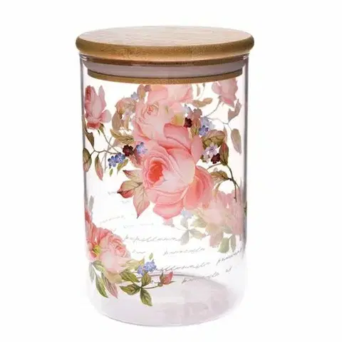 Misky a misy Sklenená dóza s bambusovým viečkom Ruža, 840 ml, L