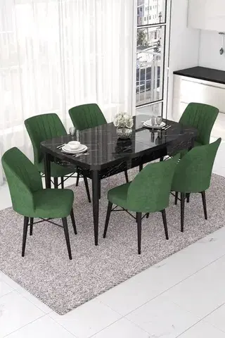 Jedálenské sety Extendable Dining Table & Chairs Set (7 Pieces) Nef - Black Marble, Khaki