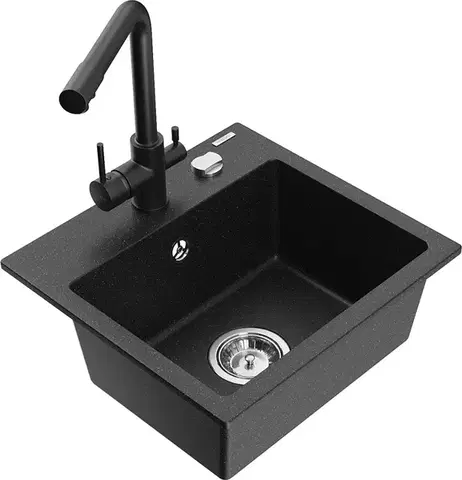 Kuchynské drezy MEXEN/S MEXEN/S - Milo granitový drez vrátane batérie Duero, čierna/strieborná metalík 6505-73-671600-70