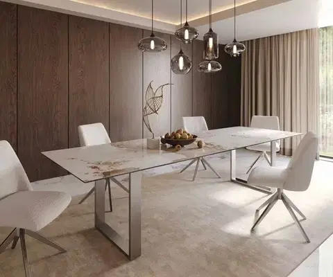 Jedálenské stoly DELIFE Jedálenský stôl Edge 300x100 keramika Minas melange bielo-béžová nerezová oceľ úzky