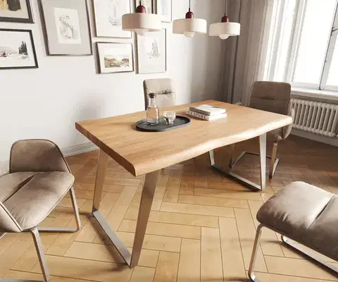 Jedálenské stoly DELIFE Jedálenský stôl Edge 140x90 XL akácia prírodná nerezová oceľ šikmý Live-Edge