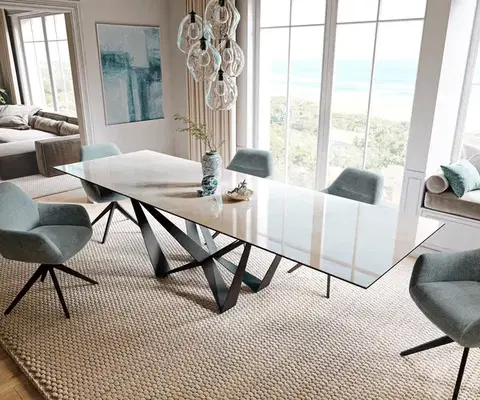Jedálenské stoly DELIFE Jedálenský stôl Edge 200-300×100 cm keramika onyx šampanské pavúk plochá oceľ čierna rozkladací