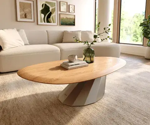 Konferenčné stolíky DELIFE Konferenčný stolík Edge oválny 140x75 cm dub prírodný zaoblená hrana Parabi nerezová oceľ kefovaná