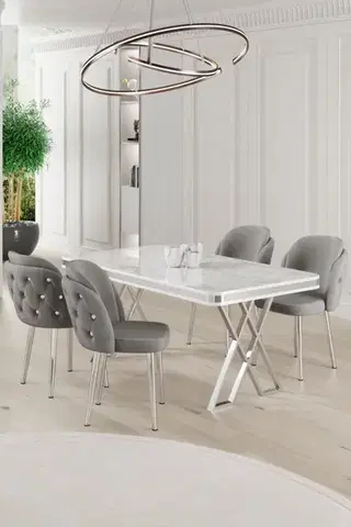 Jedálenské sety Dining Table & Chairs Set (5 Pieces) Rigel - White, Chrome, Grey