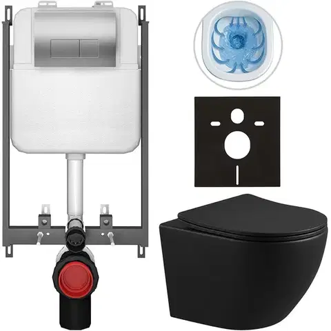 Záchody CERANO - Kompletný WC set Basic/Cesso - čierna matná - WC tlačidlo Modulo/Strieborná - na zamurovanie - 49x36 CER-8050BD86371