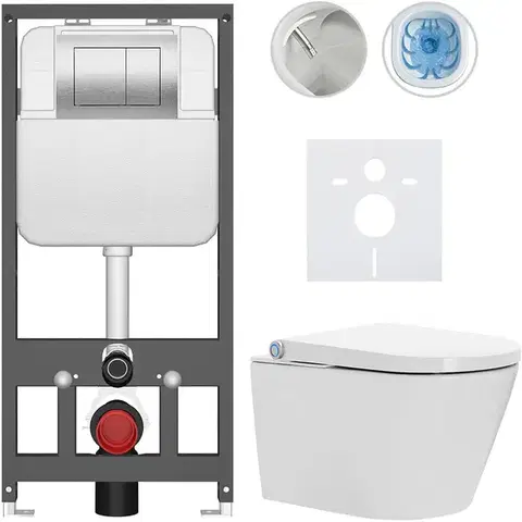 Záchody CERANO - Závesné WC s bidetom Basic/Cronus Standard - biela lesklá - WC tlačidlo Maxio/Strieborná - závesné - predstenová inštalácia - 59,3x38,4 CER-8050BD86448