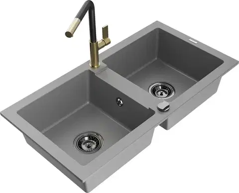 Kuchynské drezy MEXEN/S MEXEN/S - Mario granitový drez 2-bowl vrátane batérie Flora, šedá 6504-71-670401-57-B