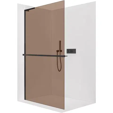 Sprchové dvere CERANO - Sprchová zástena Walk-in Onyx L-ľavá vzpera - 8 mm + polička / držiak na uteráky - čierna matná, bronzové sklo - 150x200 CER-689959